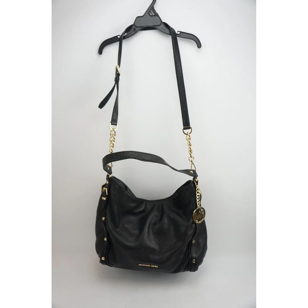Michael Kors Uptown Shoulder Bag Black Pebbled Leather Gold Studded Hobo EUC